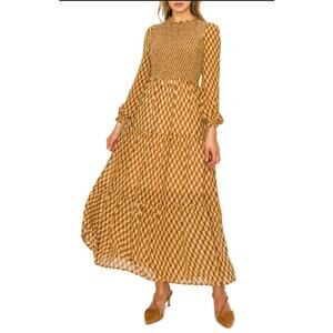 Melloday Smocked Long Sleeve Maxi Dress Retro Geometric Print Brown XS